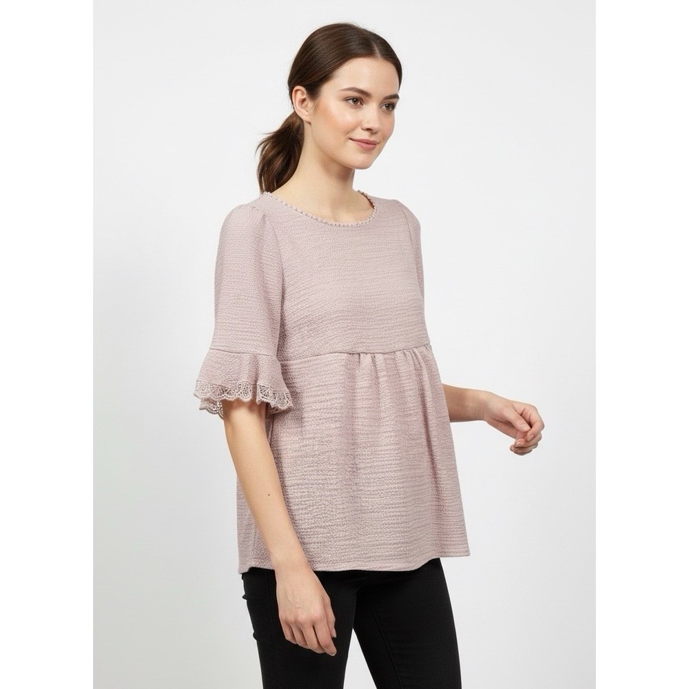 Sason Womens Pink Knit Lace Pom Pom Round Neck 3/4 Bell Sleeve Blouse XL